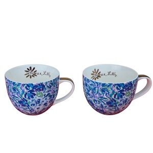 Lilly Pulitzer Coffee Mugs Set‎ of 2 Floral Blue Purple Kitchen Decor Ceramic